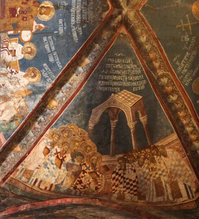 In the central nave of the narthex in the Visoki Dečani Monastery in the Metohija region of Kosovo and Metohija within the pictured ceiling cross vault the First Ecumenical Council