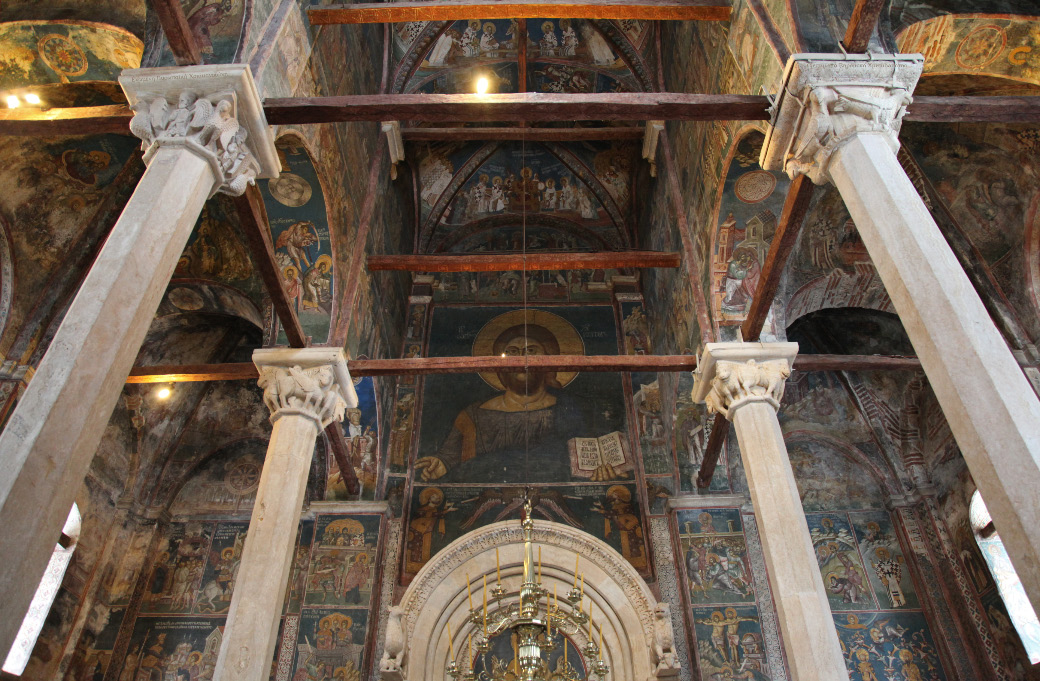 narthex facing main portal to the sanctuary of the Visoki Dečani Monastery in the Metohija region of Kosovo and Metohija