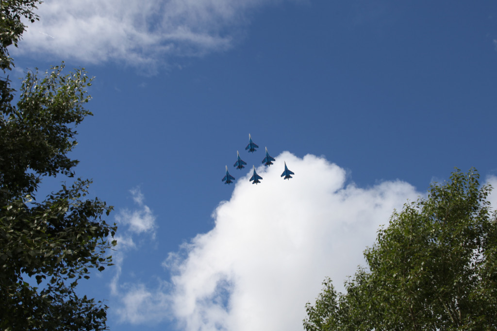 six strange birds in the clouds