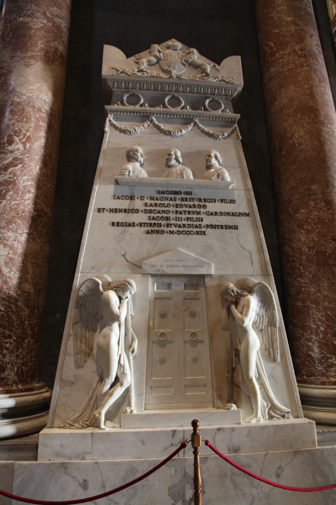 Monument by Antonio Canova to the Royal Stuarts in Saint Peter's Basilica commemorating the last three members of the Royal House of Stuart: James Francis Edward Stuart, his elder son Charles Edward Stuart, and his younger son, Henry Benedict Stuart, Cardinal of the Catholic Church and Dean of the College of Cardinals. The Jacobites recognised these three princes as kings of England, Scotland and Ireland.